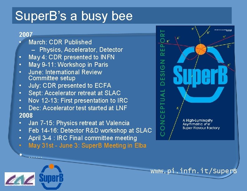 Super. B’s a busy bee 2007 • March: CDR Published – Physics, Accelerator, Detector