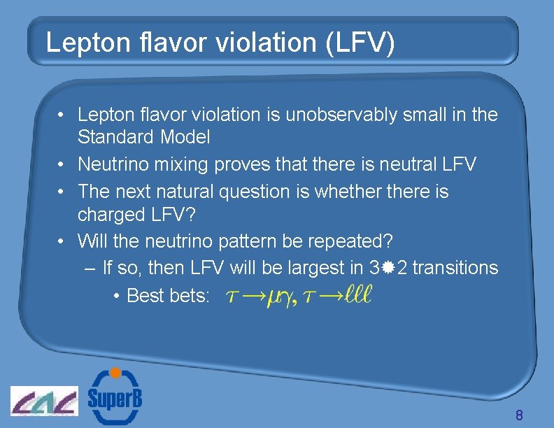 Lepton flavor violation (LFV) • Lepton flavor violation is unobservably small in the Standard
