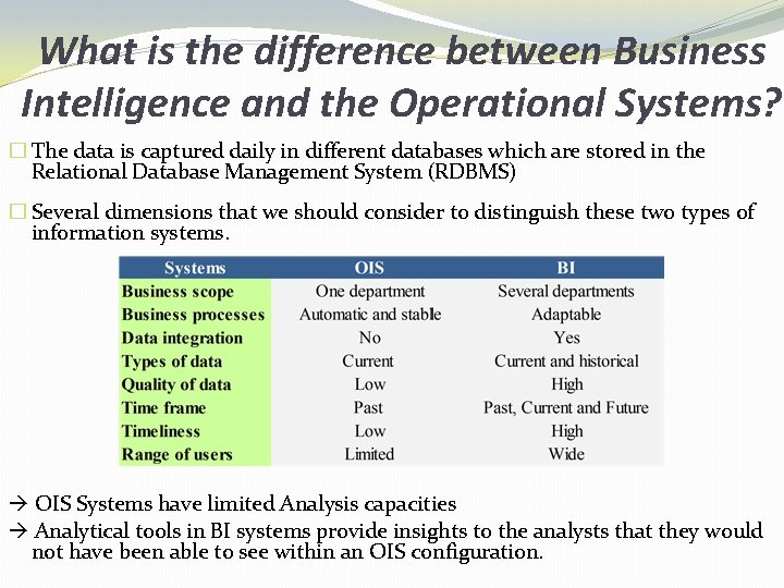 What is the difference between Business Intelligence and the Operational Systems? � The data