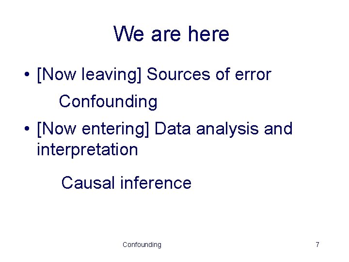 We are here • [Now leaving] Sources of error Confounding • [Now entering] Data