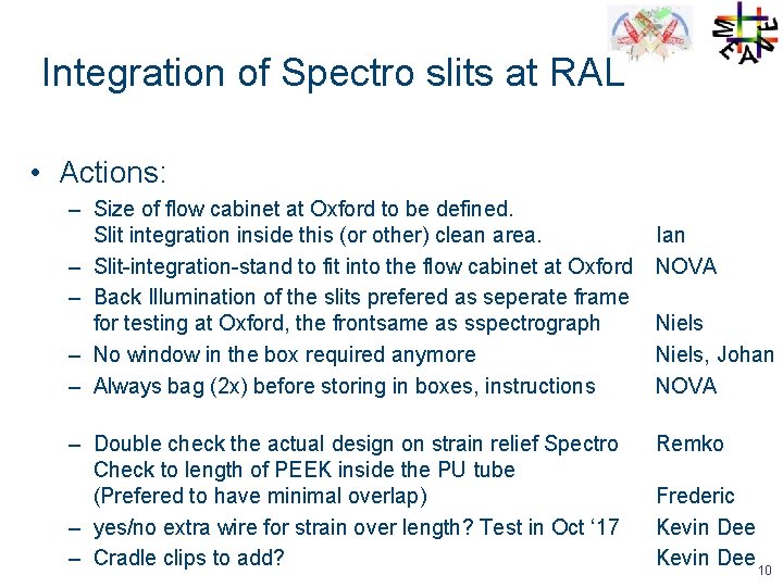 Integration of Spectro slits at RAL • Actions: – Size of flow cabinet at