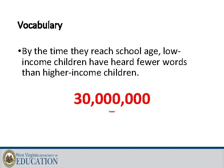 Vocabulary • By the time they reach school age, lowincome children have heard fewer
