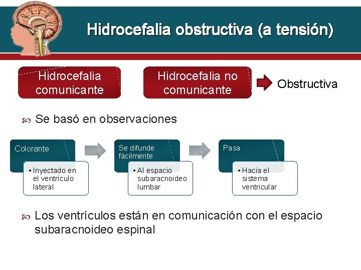 Hidrocefalia obstructiva (a tensión) Hidrocefalia comunicante Obstructiva Se basó en observaciones Colorante • Inyectado