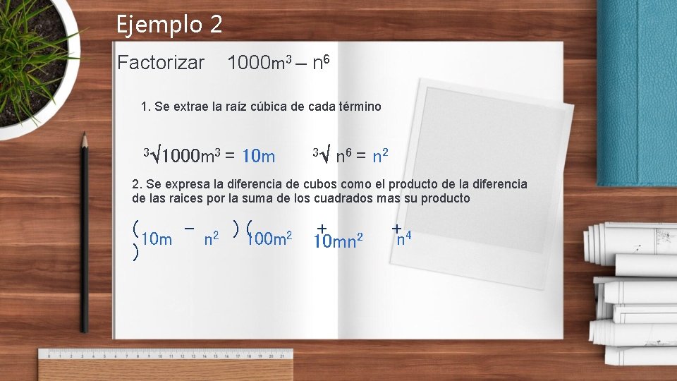 Ejemplo 2 Factorizar 1000 m 3 – n 6 1. Se extrae la raíz