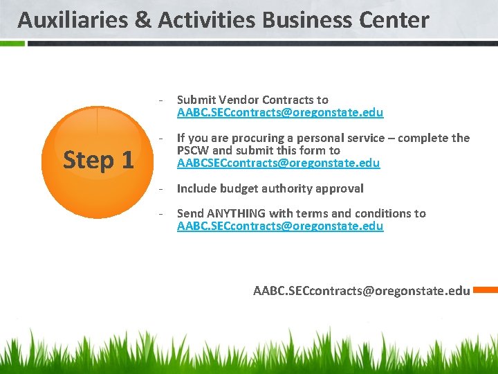 Auxiliaries & Activities Business Center Step 1 - Submit Vendor Contracts to AABC. SECcontracts@oregonstate.