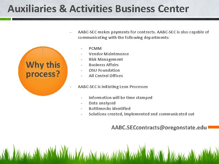 Auxiliaries & Activities Business Center - AABC-SEC makes payments for contracts. AABC-SEC is also