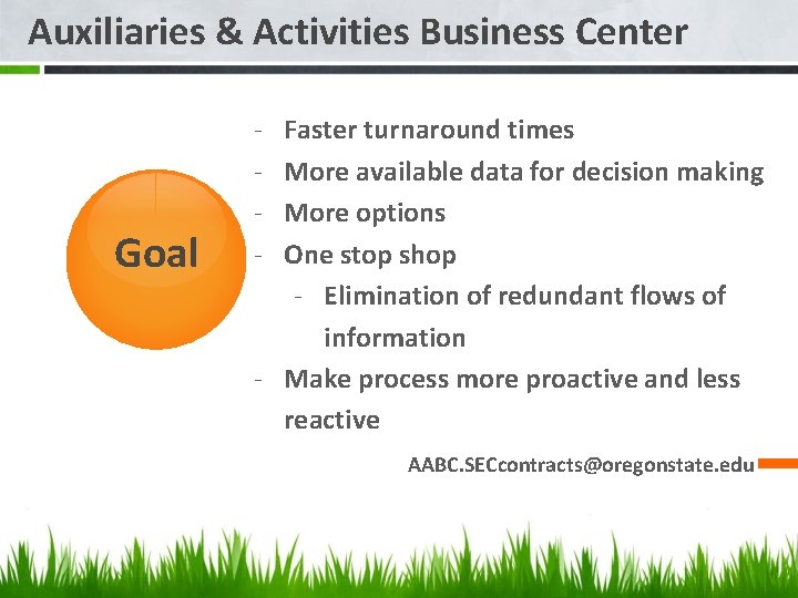 Auxiliaries & Activities Business Center Goal - Faster turnaround times More available data for