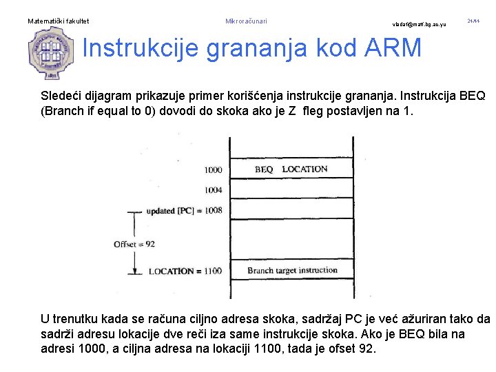 Matematički fakultet Mikroračunari vladaf@matf. bg. ac. yu 24/44 Instrukcije grananja kod ARM Sledeći dijagram