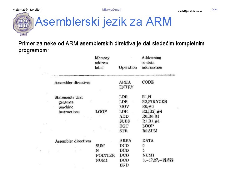 Matematički fakultet Mikroračunari vladaf@matf. bg. ac. yu Asemblerski jezik za ARM Primer za neke