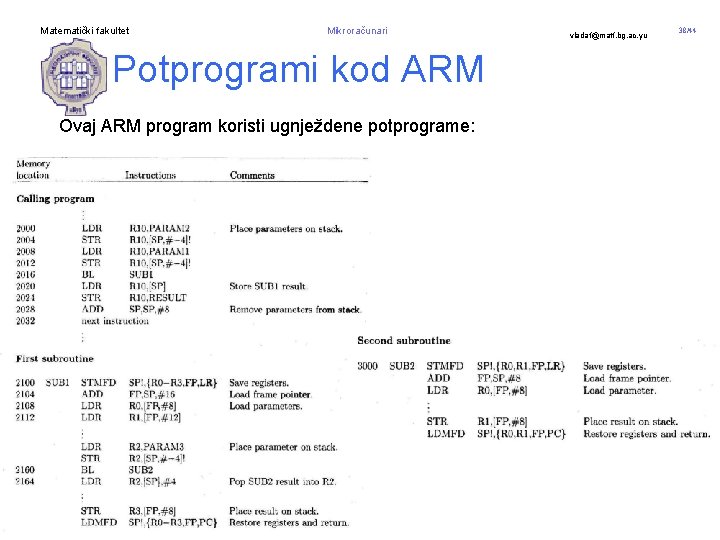 Matematički fakultet Mikroračunari Potprogrami kod ARM Ovaj ARM program koristi ugnježdene potprograme: vladaf@matf. bg.