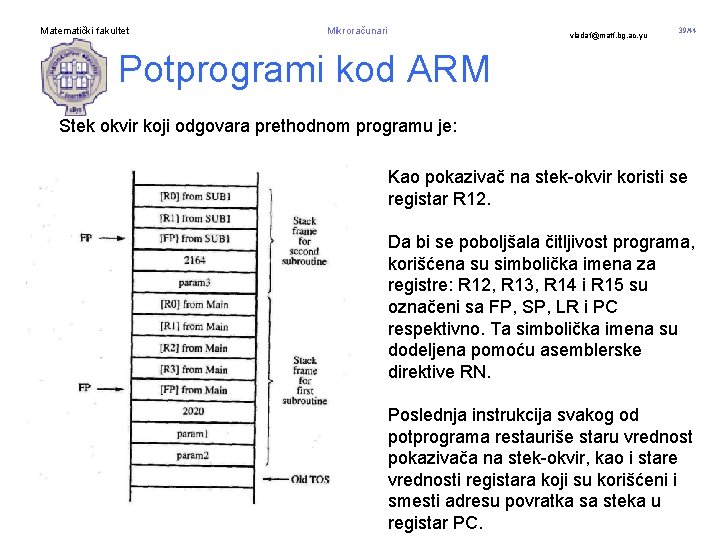 Matematički fakultet Mikroračunari vladaf@matf. bg. ac. yu 39/44 Potprogrami kod ARM Stek okvir koji