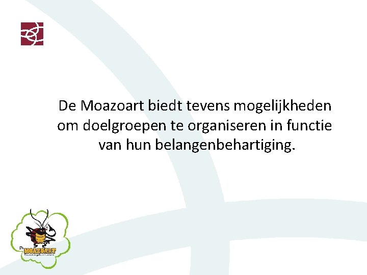 De Moazoart biedt tevens mogelijkheden om doelgroepen te organiseren in functie van hun belangenbehartiging.