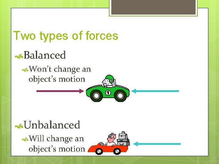Two types of forces Balanced Won’t change an object’s motion Unbalanced Will change an