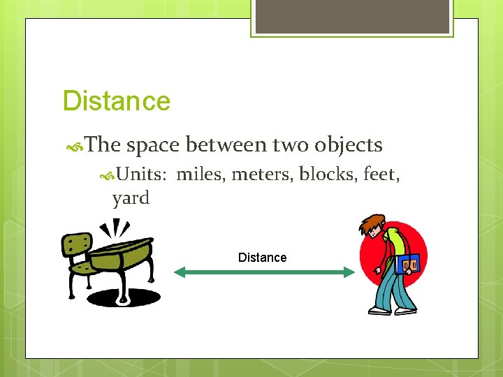 Distance The space between two objects Units: yard miles, meters, blocks, feet, Distance 