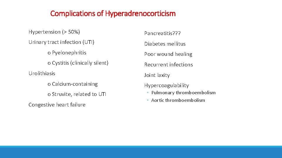 Complications of Hyperadrenocorticism Hypertension (> 50%) Pancreatitis? ? ? Urinary tract infection (UTI) Diabetes