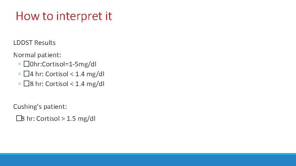 How to interpret it LDDST Results Normal patient: ◦ � 0 hr: Cortisol=1 -5