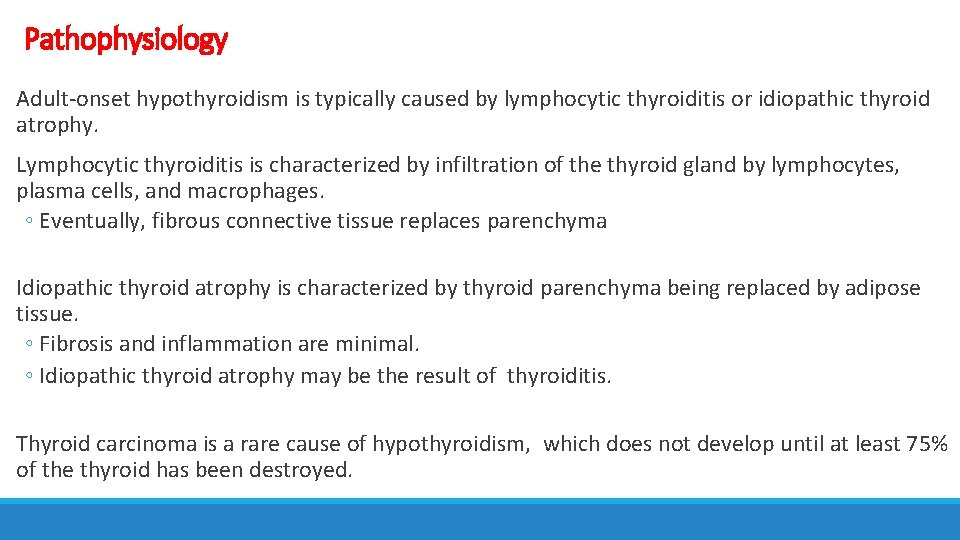 Pathophysiology Adult-onset hypothyroidism is typically caused by lymphocytic thyroiditis or idiopathic thyroid atrophy. Lymphocytic