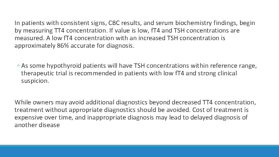 In patients with consistent signs, CBC results, and serum biochemistry findings, begin by measuring