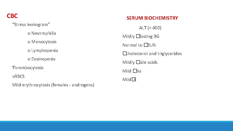 CBC SERUM BIOCHEMISTRY “Stress leukogram” o Neutrophilia o Monocytosis o Lymphopenia o Eosinopenia Thrombocytosis