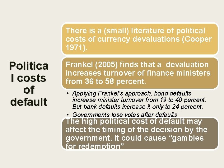 There is a (small) literature of political costs of currency devaluations (Cooper 1971). Politica