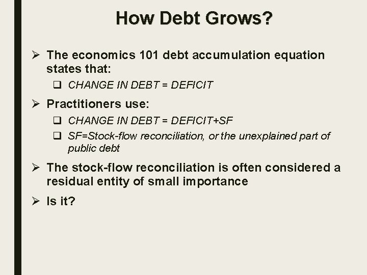 How Debt Grows? Ø The economics 101 debt accumulation equation states that: q CHANGE