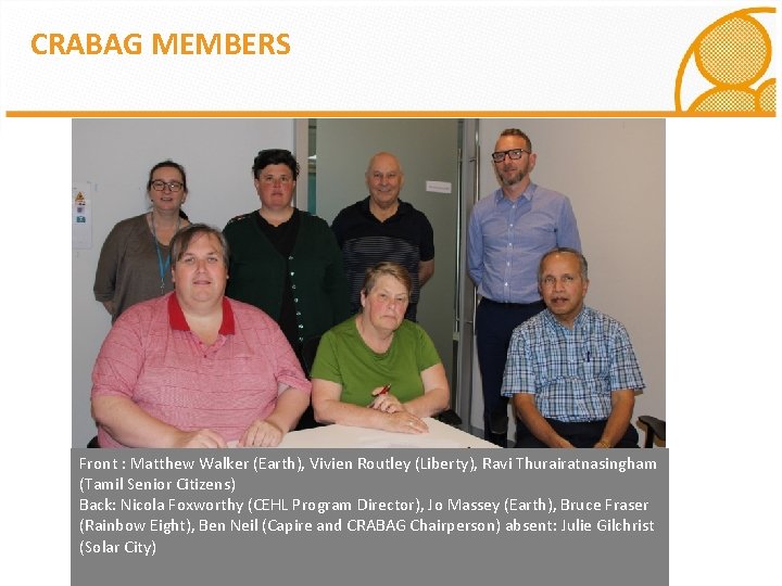 CRABAG MEMBERS Front : Matthew Walker (Earth), Vivien Routley (Liberty), Ravi Thurairatnasingham (Tamil Senior