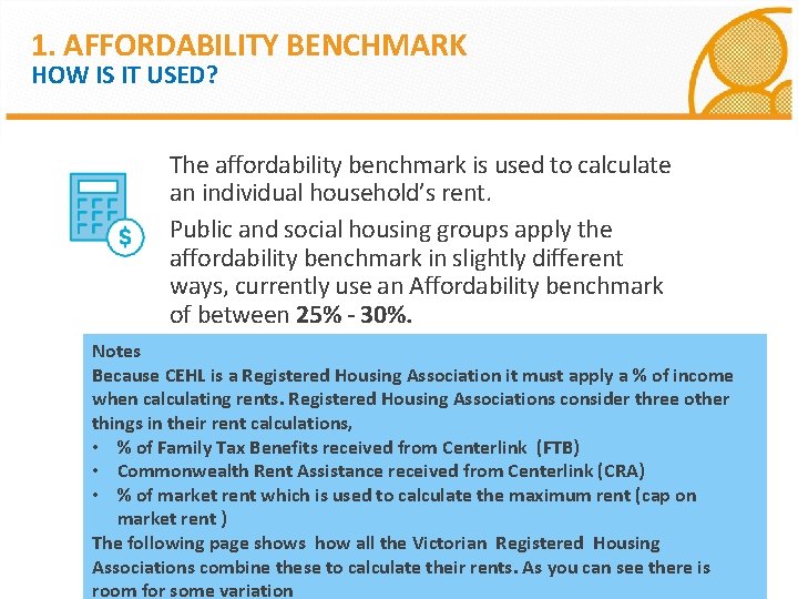1. AFFORDABILITY BENCHMARK HOW IS IT USED? The affordability benchmark is used to calculate