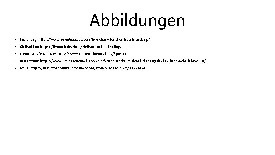 Abbildungen • Beziehung: https: //www. oneideaaway. com/five-characteristics-true-friendship/ • Gleitschirm: https: //flyranch. de/shop/gleitschirm-tandemflug/ • Freundschaft: