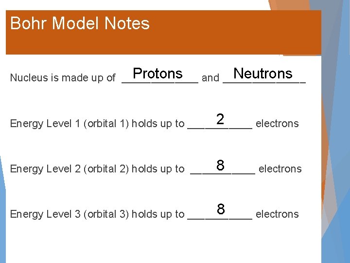 Bohr Model Notes Protons and _______ Neutrons Nucleus is made up of _______ 2