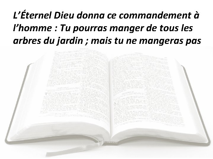 L’Éternel Dieu donna ce commandement à l’homme : Tu pourras manger de tous les