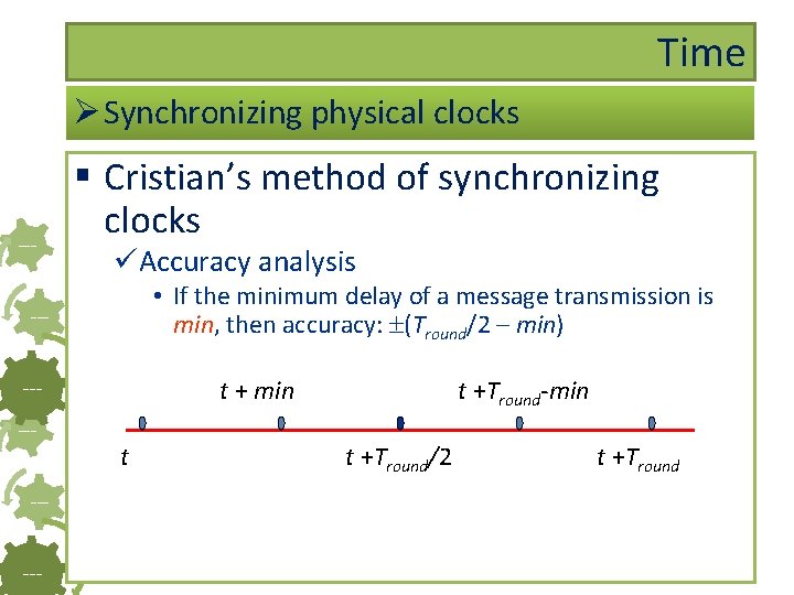 Time Ø Synchronizing physical clocks --- § Cristian’s method of synchronizing clocks üAccuracy analysis