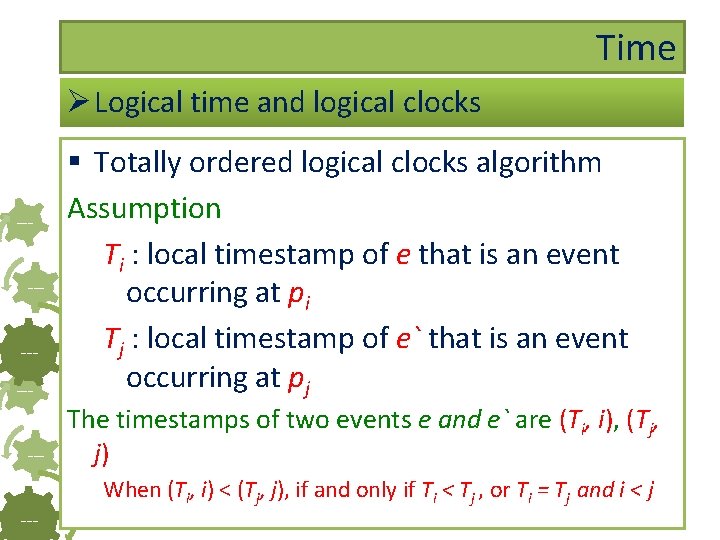 Time Ø Logical time and logical clocks ------ § Totally ordered logical clocks algorithm