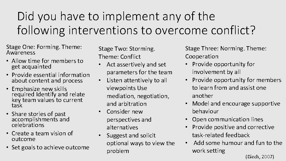 Did you have to implement any of the following interventions to overcome conflict? Stage