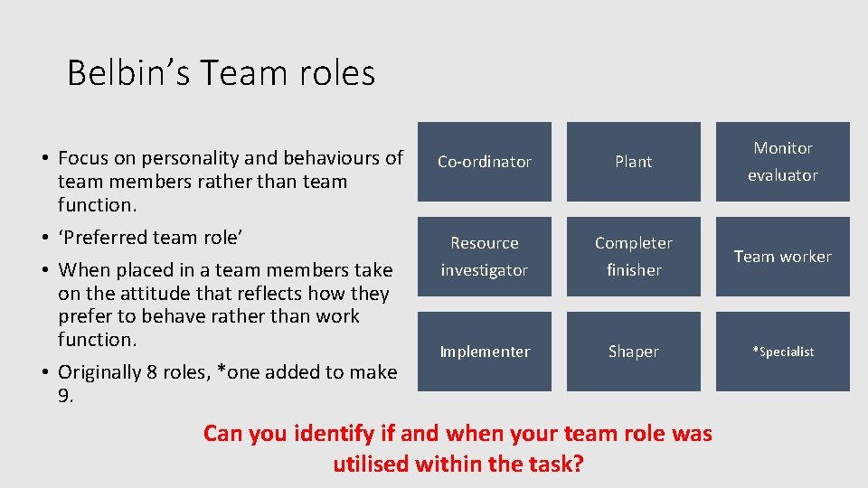Belbin’s Team roles • Focus on personality and behaviours of team members rather than