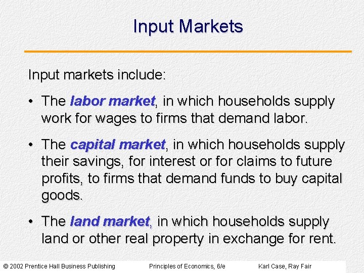 Input Markets Input markets include: • The labor market, in which households supply work Input Markets Input markets include: • The labor market, in which households supply work