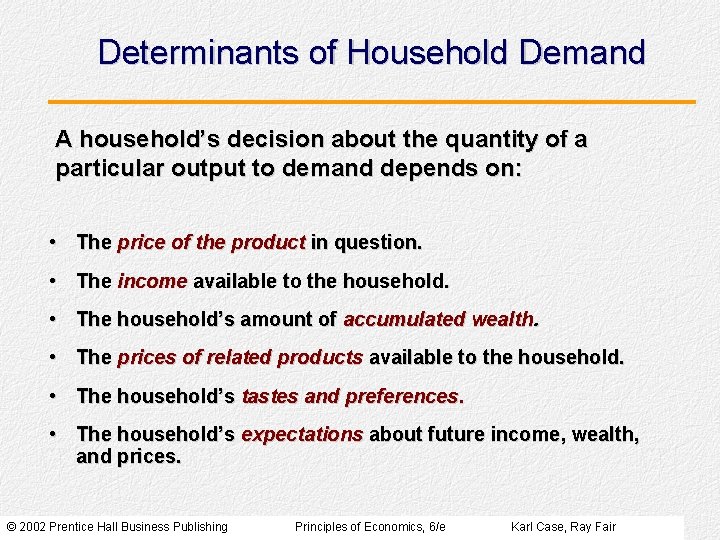 Determinants of Household Demand A household’s decision about the quantity of a particular output Determinants of Household Demand A household’s decision about the quantity of a particular output