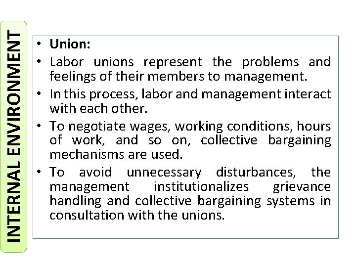 INTERNAL ENVIRONMENT • Union: • Labor unions represent the problems and feelings of their