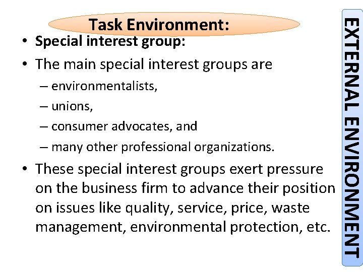  • Special interest group: • The main special interest groups are – environmentalists,