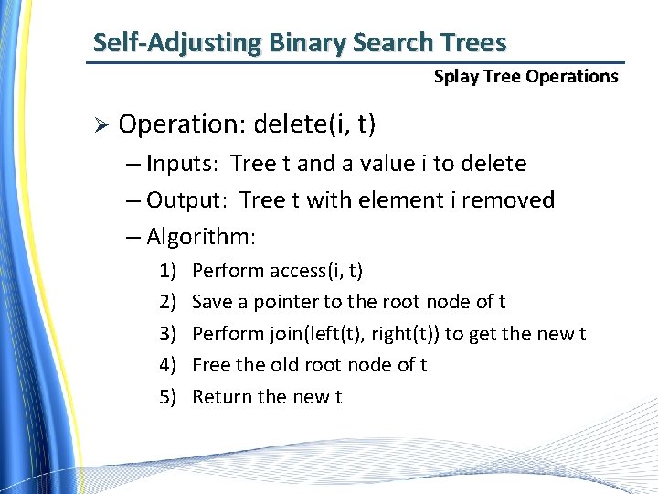 Self-Adjusting Binary Search Trees Splay Tree Operations Ø Operation: delete(i, t) – Inputs: Tree