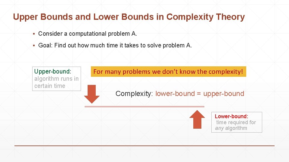 Upper Bounds and Lower Bounds in Complexity Theory ▪ Consider a computational problem A.