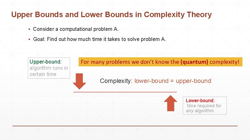 Upper Bounds and Lower Bounds in Complexity Theory ▪ Consider a computational problem A.