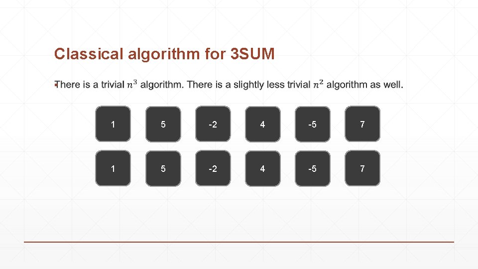 Classical algorithm for 3 SUM ▪ 1 5 -2 4 -5 7 