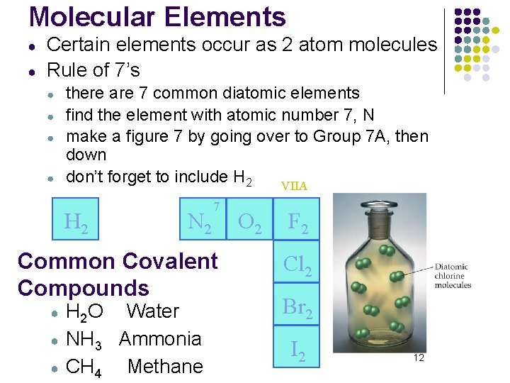 Molecular Elements ● ● Certain elements occur as 2 atom molecules Rule of 7’s