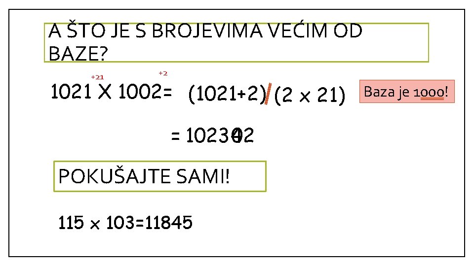 A ŠTO JE S BROJEVIMA VEĆIM OD BAZE? +21 +2 1021 X 1002= (1021+2)