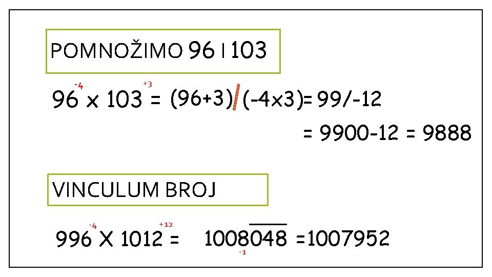 POMNOŽIMO 96 I 103 +3 -4 96 x 103 = (96+3) (-4 x 3)=