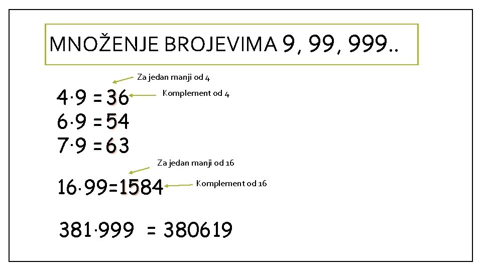 MNOŽENJE BROJEVIMA 9, 999. . 4. 9 = 36 6. 9 = 54 7.