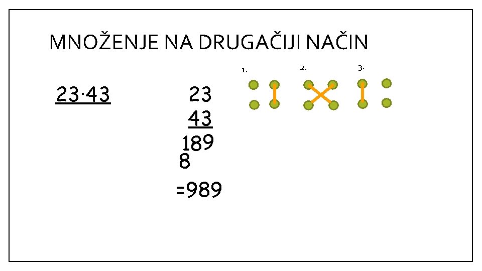 MNOŽENJE NA DRUGAČIJI NAČIN 1. 23. 43 23 43 189 8 =989 2. 3.