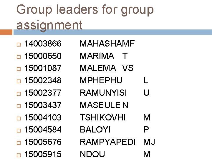 Group leaders for group assignment 14003866 15000650 15001087 15002348 15002377 15003437 15004103 15004584 15005676 Group leaders for group assignment 14003866 15000650 15001087 15002348 15002377 15003437 15004103 15004584 15005676