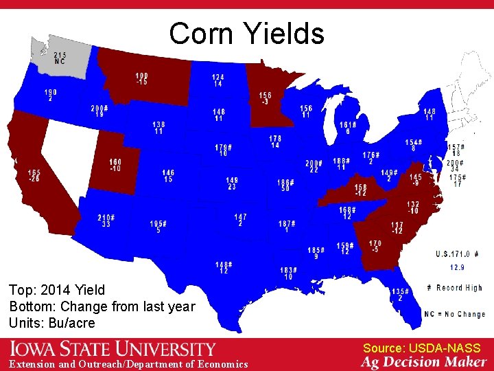 Corn Yields Top: 2014 Yield Bottom: Change from last year Units: Bu/acre Source: USDA-NASS