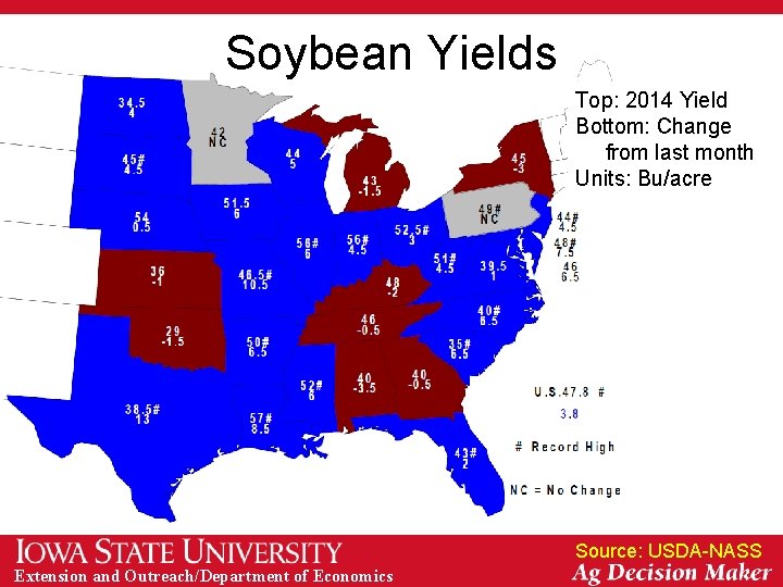 Soybean Yields Top: 2014 Yield Bottom: Change from last month Units: Bu/acre Source: USDA-NASS
